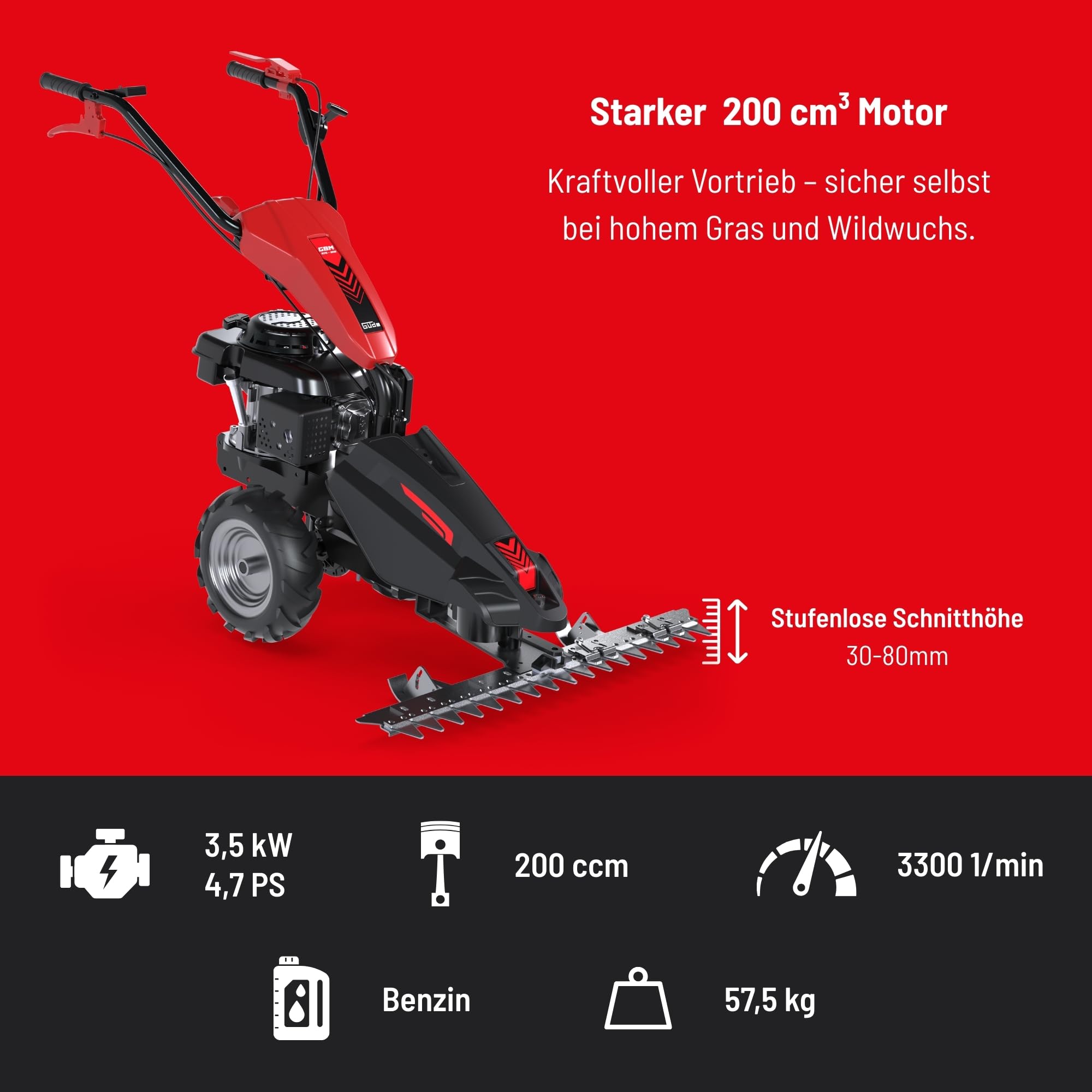 Güde GBM 870-200 Benzin-Balkenmäher - 4-Takt, 200 Kubikzentimeter Hubraum, 3,5 Kilowatt, 4,7 PS, 87 Zentimeter Schnittbreite, 3-8 cm Schnitthöheneinstellung, Radantrieb, vibrationsgedämpfter Holm
