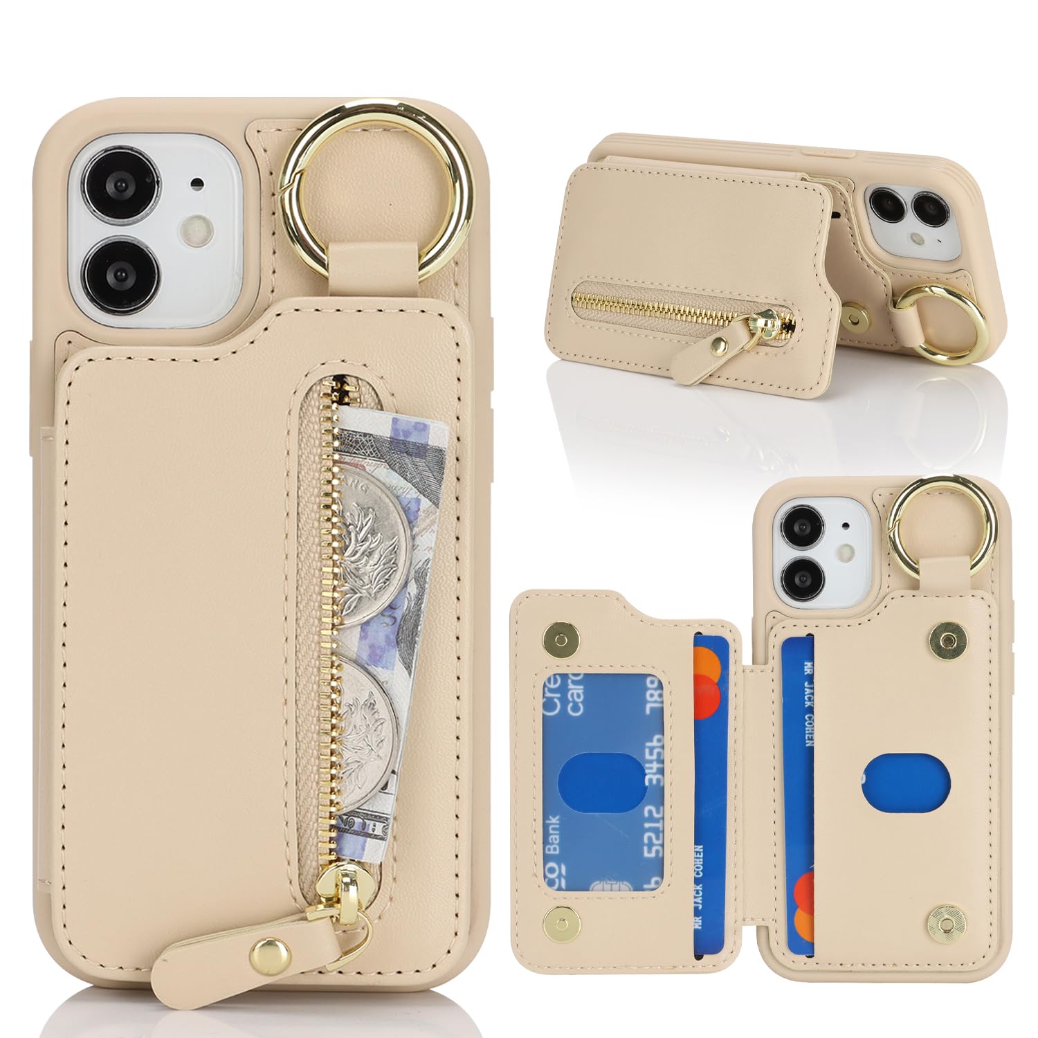 Ｈａｖａｙａ for iPhone 12 Mini Case Wallet with Card Holder Keychain Ring Stand Leather Shockproof Phone case with Credit Card Slots Zipper Women Men-Beige
