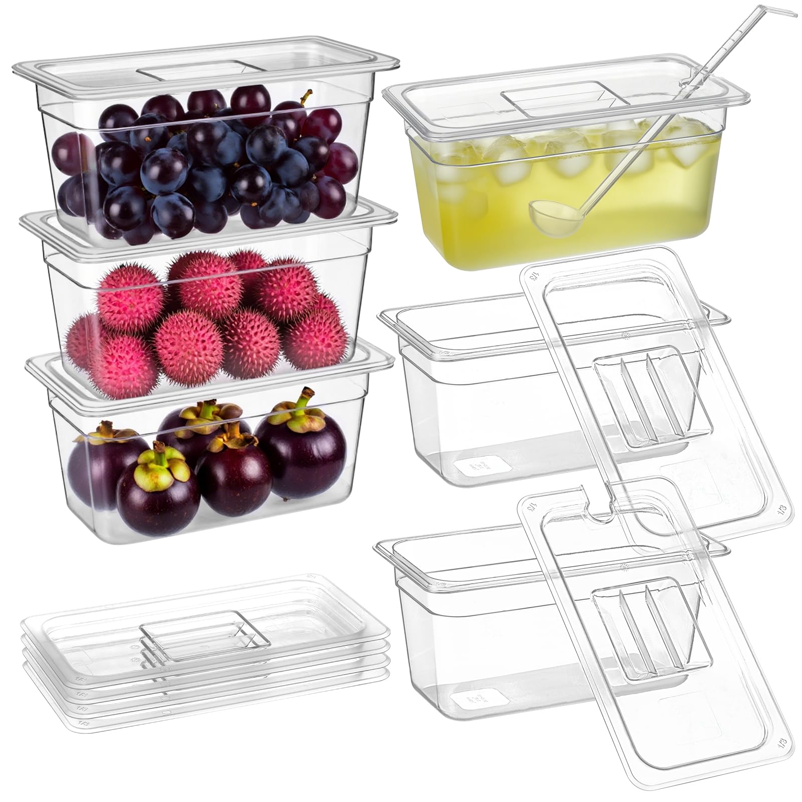 Confezione da 6 padelle in plastica per alimenti con coperchio, 1/3 di misura 15,2 cm, profonde trasparenti, impilabili, in policarbonato, per hotel, con 1 cucchiaio per frutta e verdura