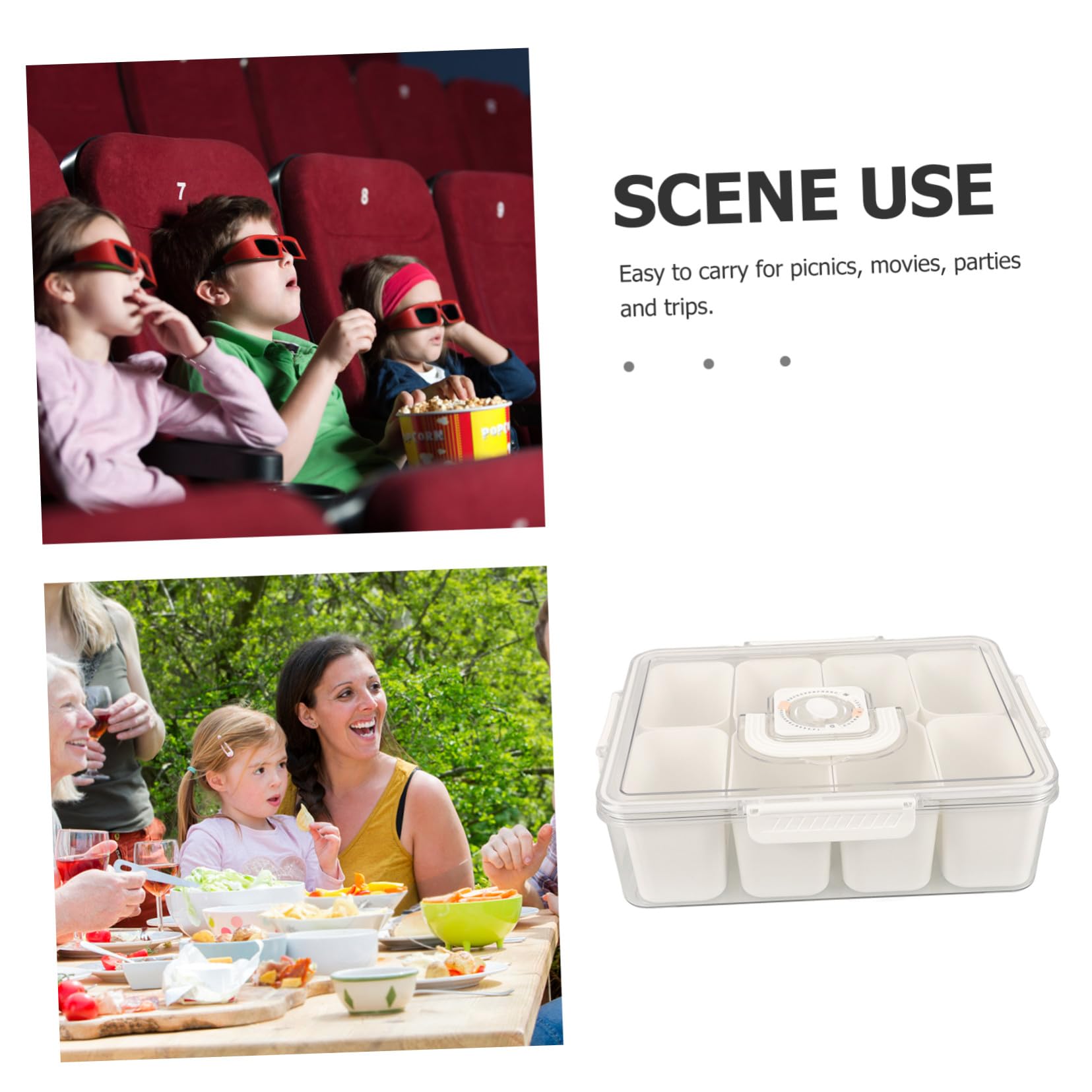 Caja de Comida Compartimentos de 8 Secciones y Tapa, Blanco | Plástico, Capacidad de 3850ml, Uso en Mesa de Comedor y Obsequio de Inauguración