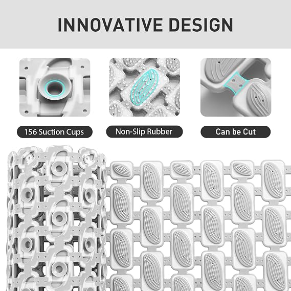 XIYUNTE Large Shower Mat Non Slip Anti Mould for Elderly- 90 x 40cm Cut-to-Fit Non Slip Shower Mat for Inside Shower, TPE Bath Mat with Suction Cups & Drain Holes, Bathtub Mat, Grey