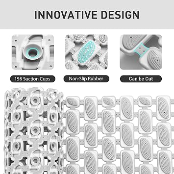 XIYUNTE Large Shower Mat Non Slip Anti Mould for Elderly- 90 x 40cm Cut-to-Fit Non Slip Shower Mat for Inside Shower, TPE Bath Mat with Suction Cups & Drain Holes, Bathtub Mat, Grey