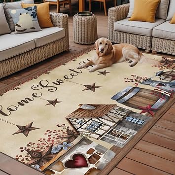 Outdoor Area Rug for Patio, Farmhouse Western Star Home Quote Camping Rugs Indoor Large Floor Mat 5x8ft, Vintage Farm Outside Carpet for Deck RV Picnic Porch Backyard Bedroom