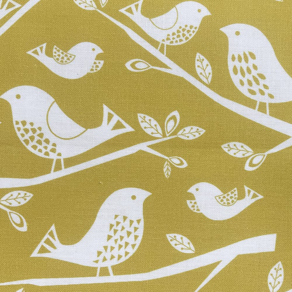 Glamour Secrets Yellow Nutex Fabric - 'Leafy Meadow' White Birds - Patchwork Quilting Dressmaking Craft Fabric