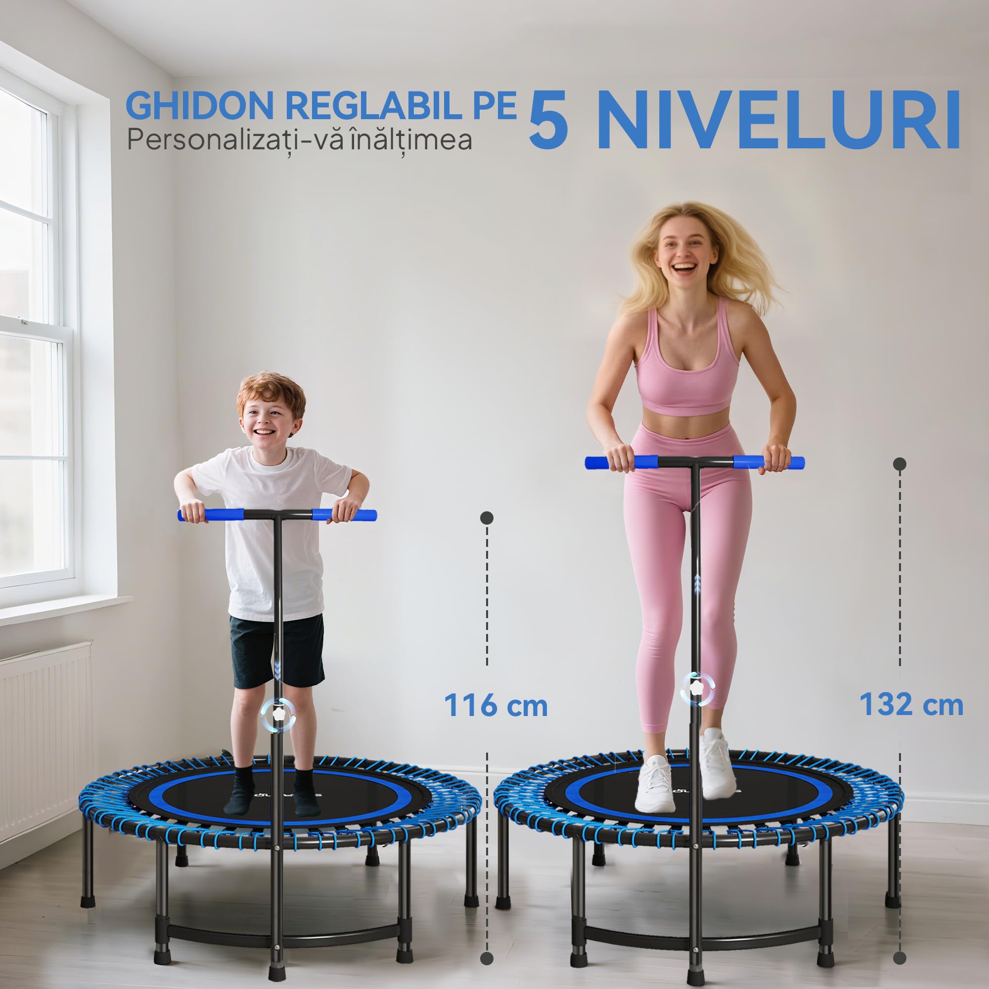 SPORTNOW Trampoline de Fitness 114 cm avec Cordes élastiques, poignée réglable sur 5 Positions, Trampoline Adulte Charge 200 kg Stable et Silencieux pour entraînement intérieur, Bleu