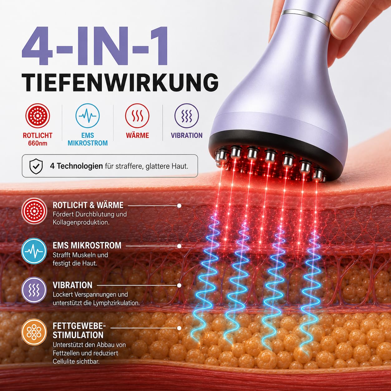4-in-1 Lymphatic Massagegerät & Anti Cellulite Massagegerät Elektrisch mit 30 EMS-Stufen, Rotlicht, Wärme & Vibration, Handgehaltenes Cellulite Gerät für Bauch, Taille, Rücken, Arme & Beine