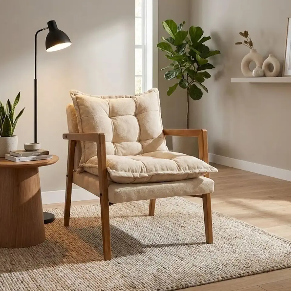 Poltrona Moderna Confortável Sala de Estar Design Elegante Estrutura Madeira Estofado Tecido Boucle Estilo Sofisticado MOBLAN decor (BEGE)