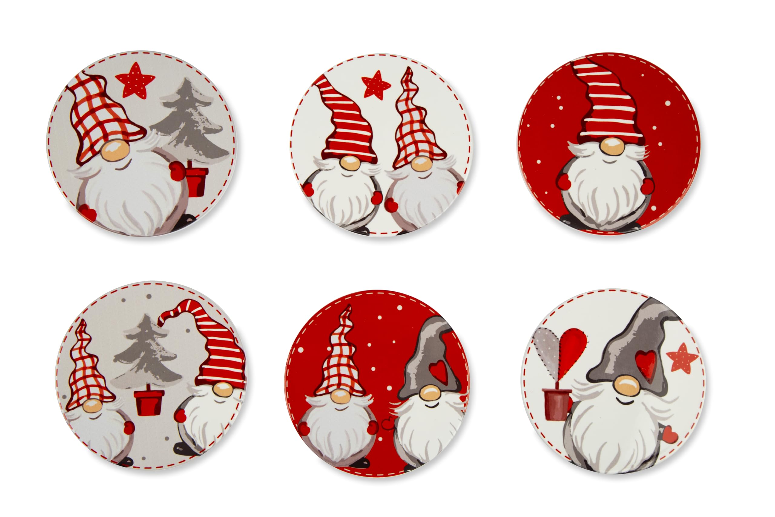 Excelsa Gnomo Set of 6 Ceramic Coasters, Cork Base, Diameter 10.5 cm, Multi-Coloured