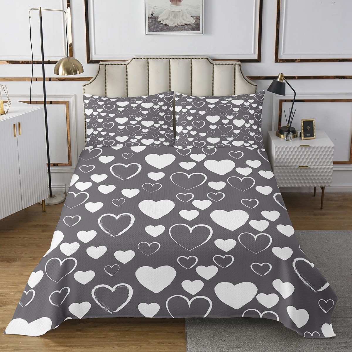 jejeloiu Heat Love Pattern Bedspread for Kids Boys Girls Romantic Coverlet Love Print Coverlet Set Queen Size Bedroom Decor Grey White Quilted