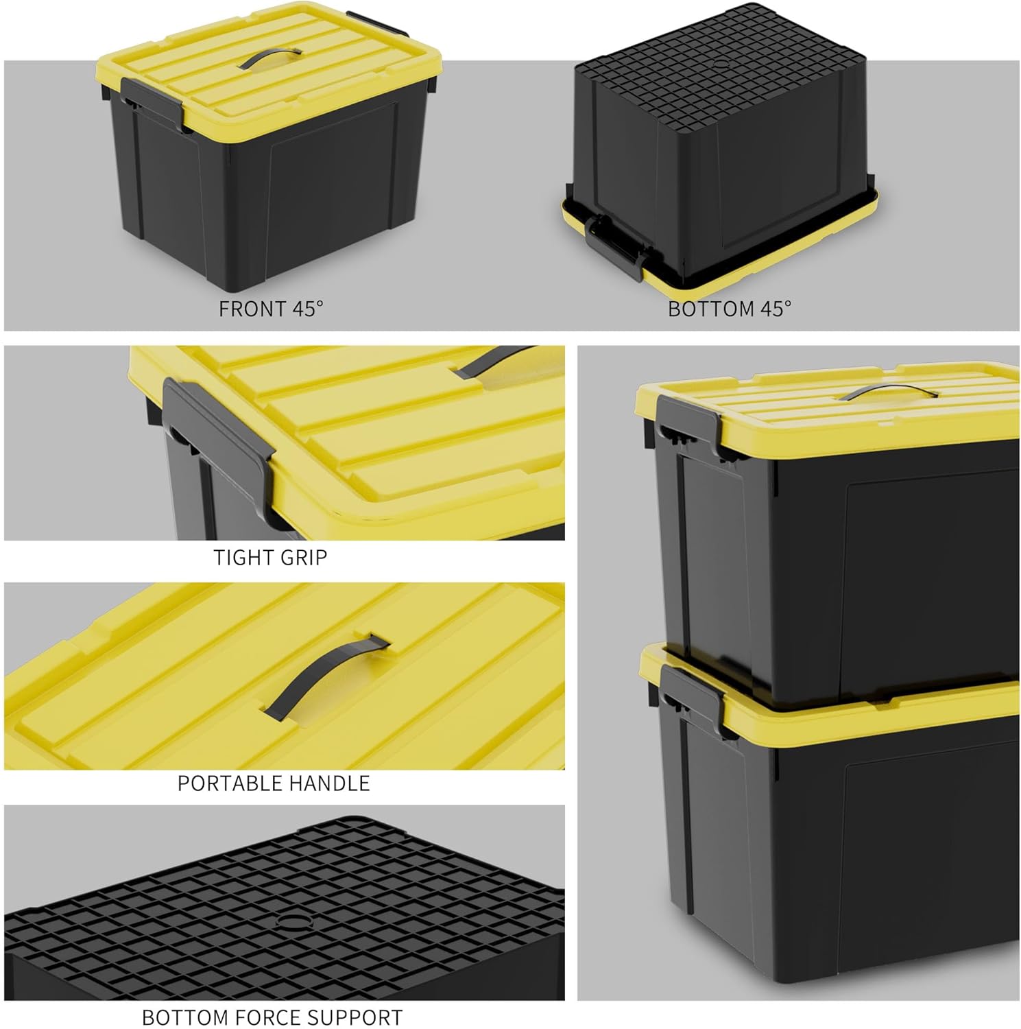95Qt*4 Durabilt Flip Lid Stackable Heavy Duty Tough Storage Container Tote, Plastic Storage Bins, Storage Box, Black Base with Yellow Lid (4 Pack)