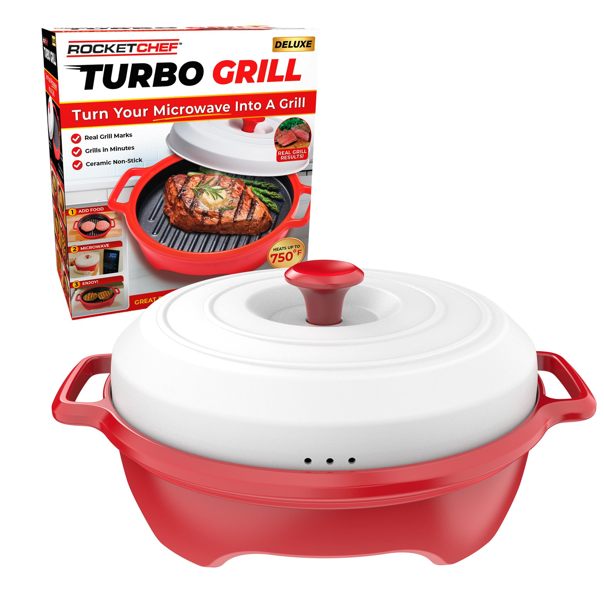 Turbo Grill Deluxe - Microwave Grill Pan with Lid, Nonstick, Ceramic Nonstick Grill Pan with Vented Lid, Grills, Sears & Crisps Bacon, Burgers, Steak & Veggies Fast + Bonus Recipe Guide