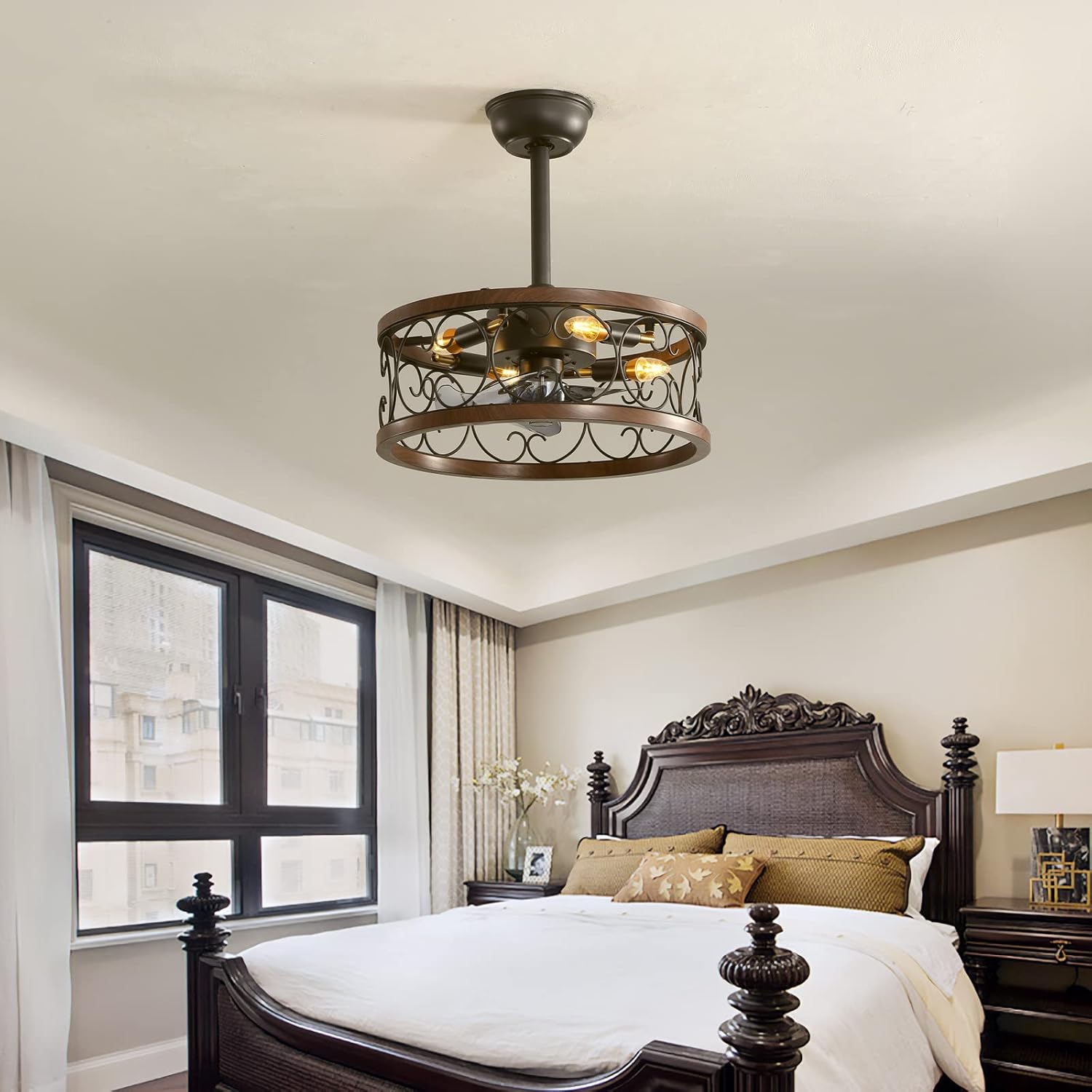YUEGOO Ceiling Fans with Lamps,Vintage Cage Quiet Fan Chandelier Ceiling Light Dc Reversible Industrial Style 6 Speed Timer Ceiling Fans with Lights and Remote Control for Bedroom Dining Room/Brown