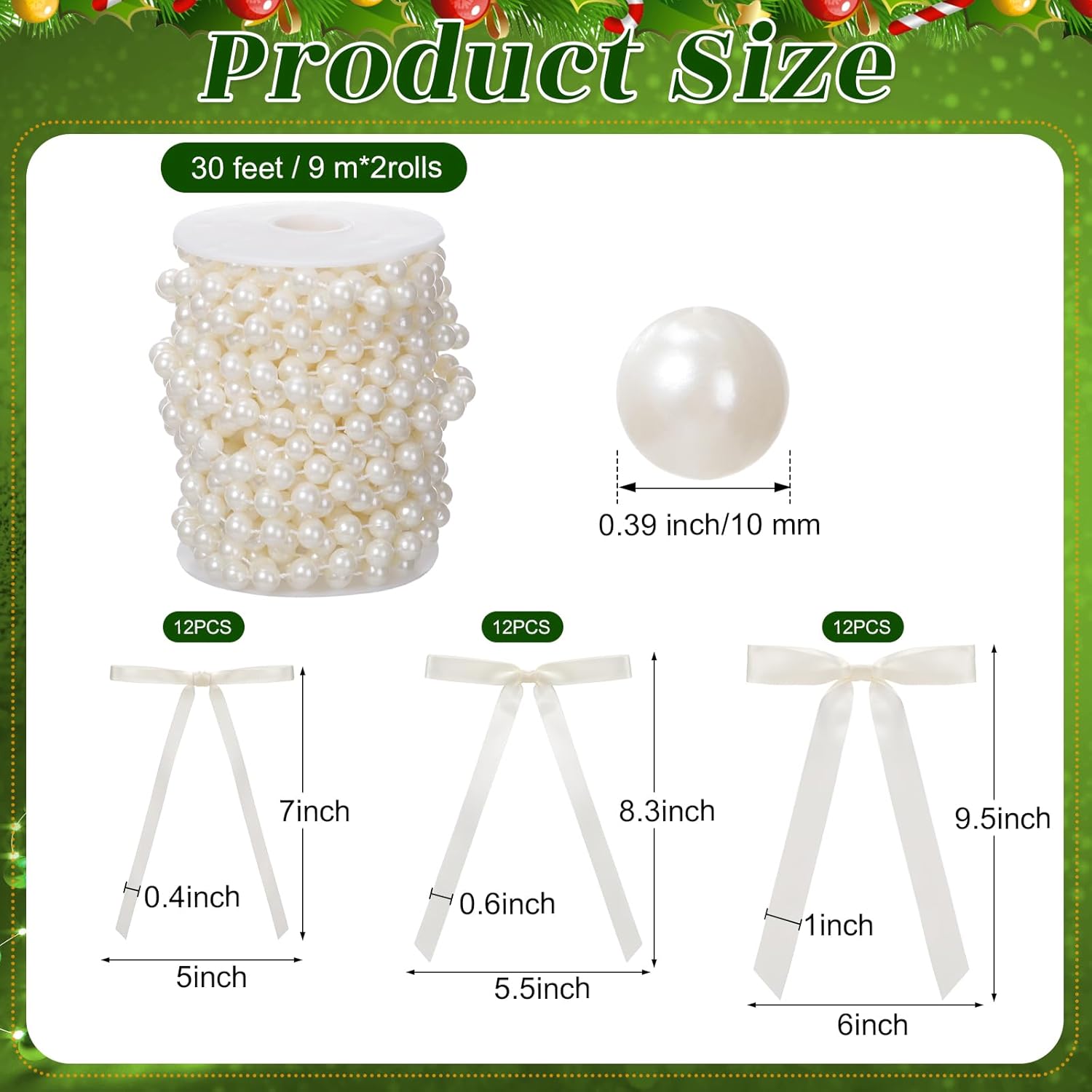 Huquary 36 Pcs Wedding Arch Decor Stain Bows Bulk and 59 Feet Pearl Beads Garland White Pearl Strings Satin Ribbon Bow Ornaments for Home Birthday Party(Cream)