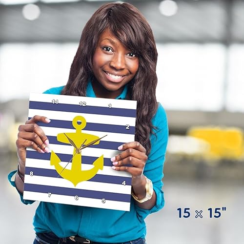 Miniatura 5 de 3dRose DPP_57478_3 Reloj de pared con diseño de rayas bretonas francesas con ancla amarilla dorada náutica retro con diseño de rayas marineras azul