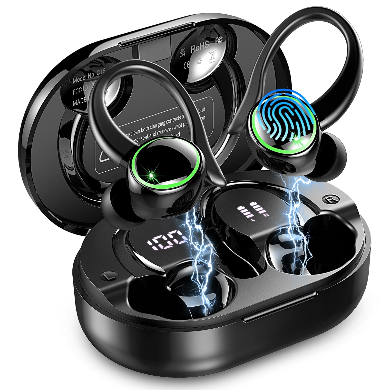 Wireless Earbuds, 2026 New Bluetooth 5.4 Sports Headphones, 50+Hrs Playtime HiFi Stereo Earbuds, 4 ENC Noise Cancelling Mics, IP7 Waterproof Earphones with Earhook for Gym Workouts, USB-C Fast Charge