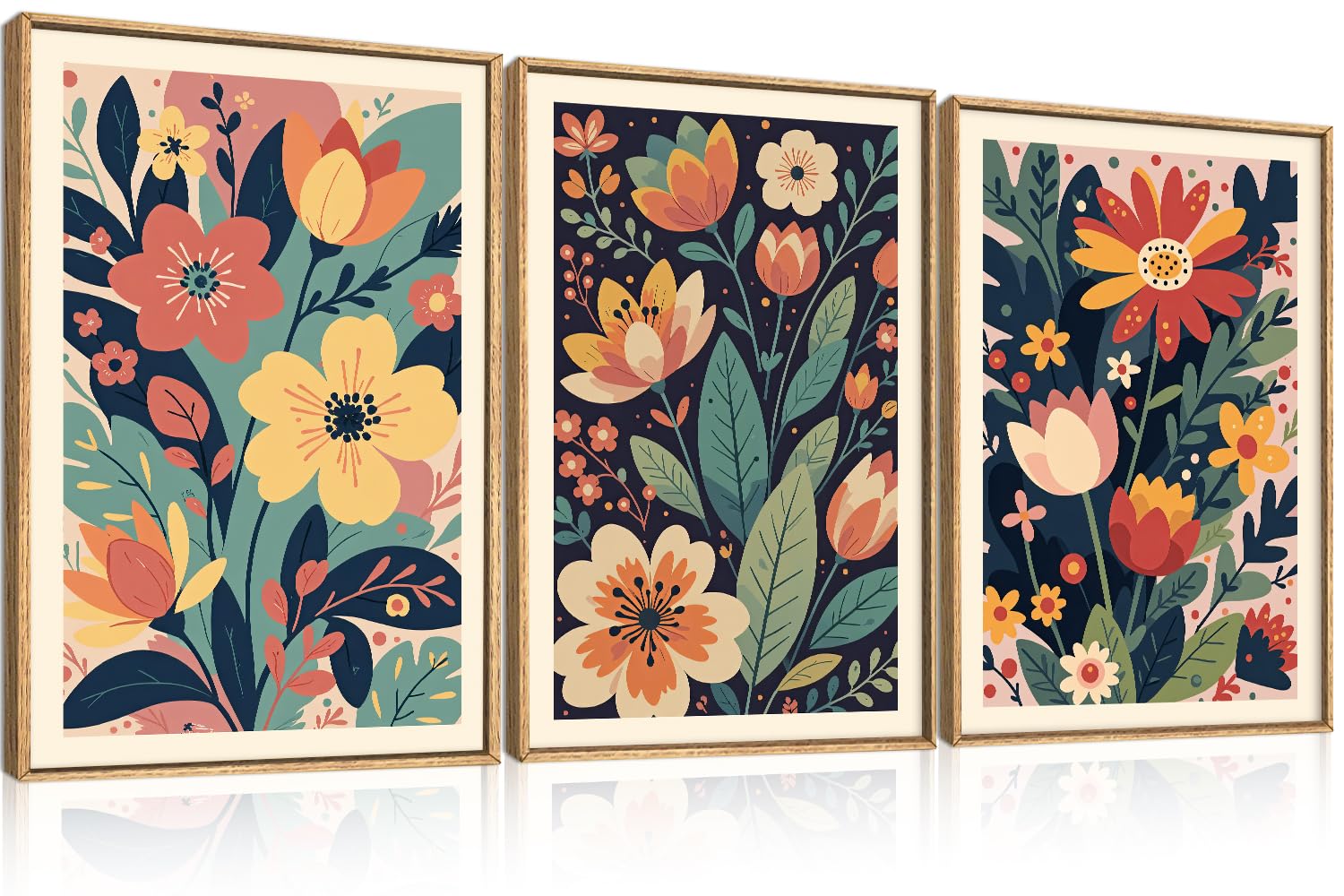 KAIRNE Vintage Colorful Floral Framed Canvas Wall Art Set,Mid Century Modern Flower Wall Decor,Retro Wildflower Art Prints,Boho Botanical Artwork for Living Room,Bedroom,Farmhouse,Office-24 x36 x3