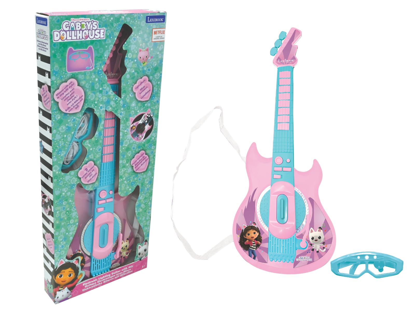 Lexibook, Gabby's Dollhouse, Electronic guitar with microphone and glasses to sing with style, 2 play modes, Demo songs, Light effects, Pink/blue, K260GDH