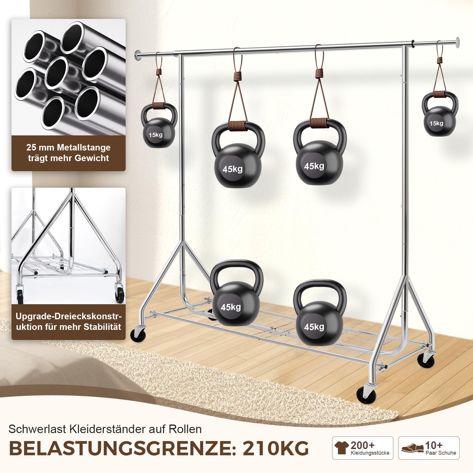 Kleiderständer auf Rollen, Garderobenständer, Kleiderstange Ausziehbar | Metall Schwerlast mit Aufbewahrungsgitter, bis 210 kg belastbar, Länge 125-177 cm, für Schlafzimmer, Garderobe, Waschküche