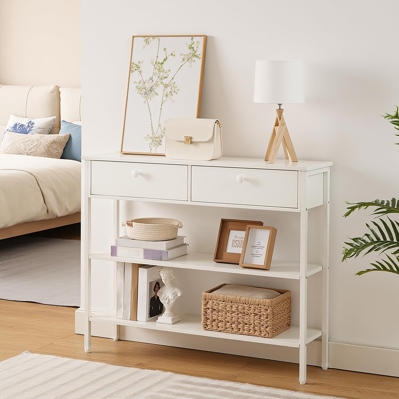 HOOBRO EWW32XG01 - Mesa consola con cajón y 2 estantes de almacenamiento, mesa de sofá con estructura de metal resistente, 100 x 24 x 80 cm, para entrada, pasillo, salón, color blanco
