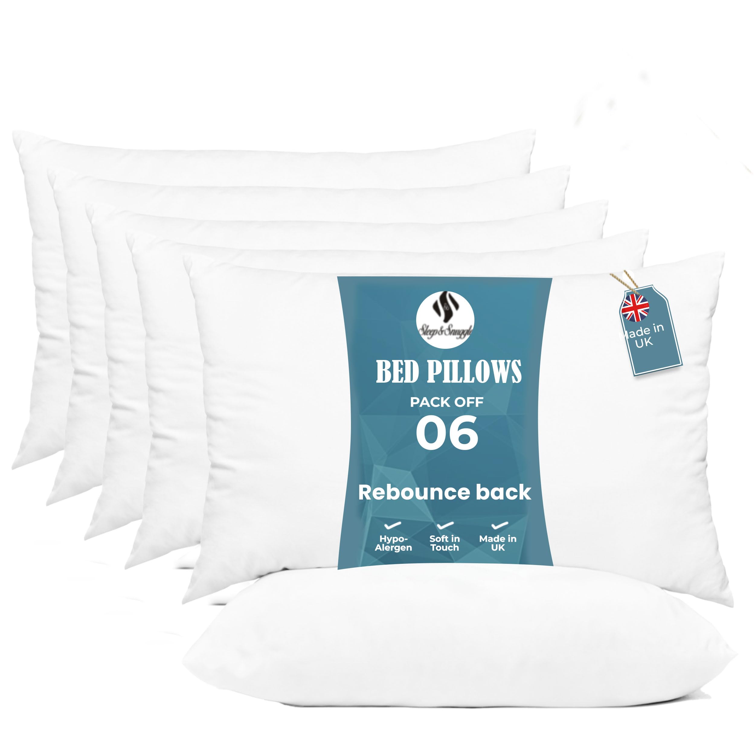 Sleep & Snuggle Pillows 6 Pack - Hollowfibre Hypoallergenic Hotel Quality Pillow Ultra Soft Bounce Down Alternative Firm support Non-Allergenic Case Suitable For Back And Side Sleepers