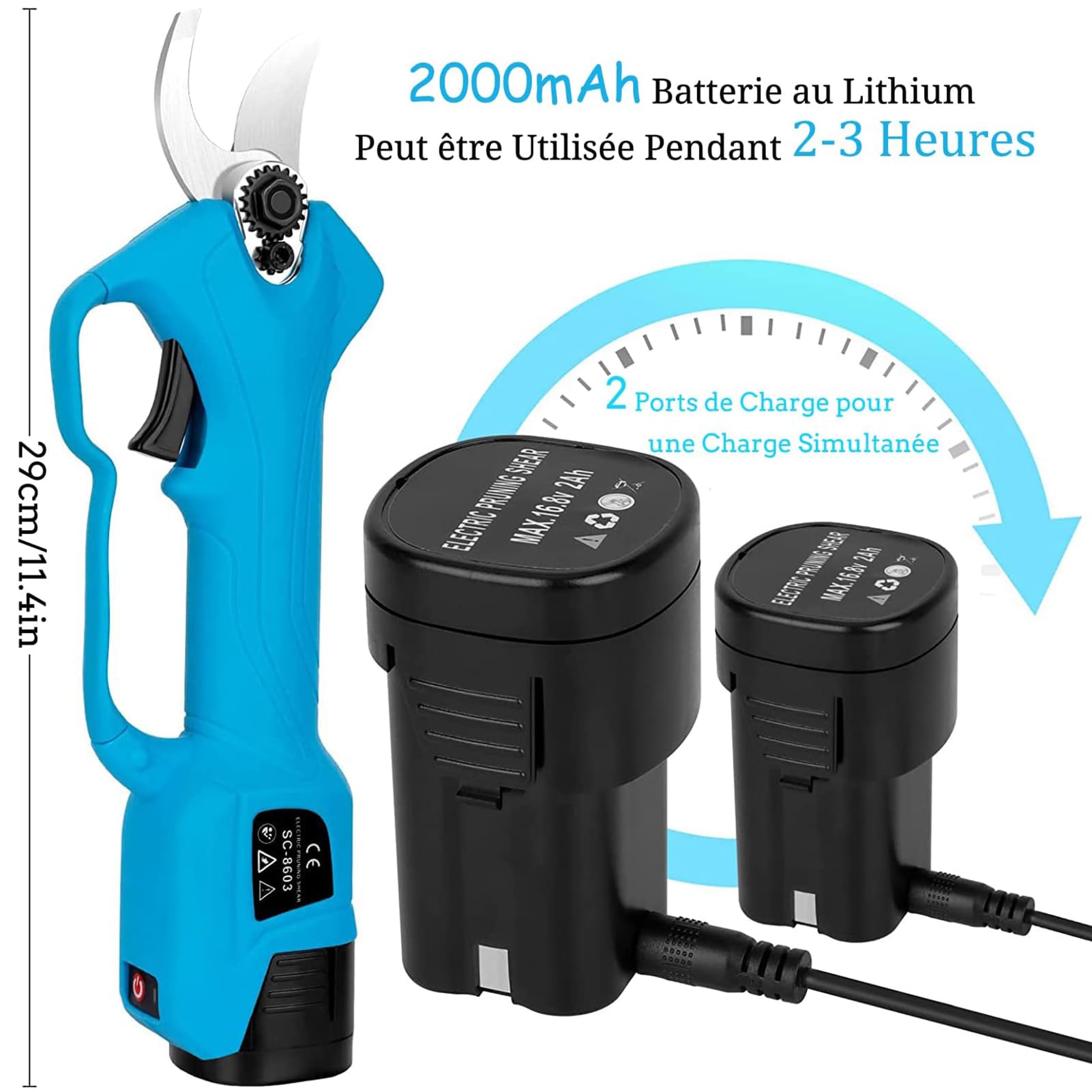Tijeras de Podar Electricas Profesionales, 28 mm Tijeras de Podar Cortador Eléctrico con Baterías 2x2000mAh y 400W Motor Brushless, Tijeras Podar Bateria para Jardinería, Árboles Frutales, Viñedos
