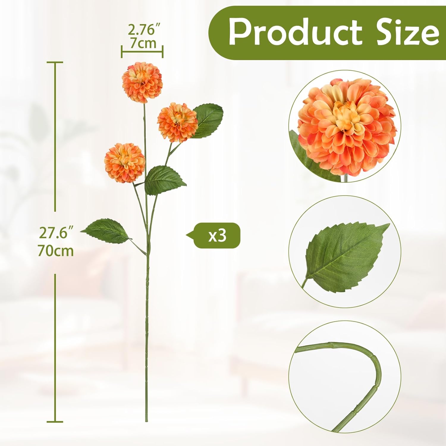 Hollyone 27.6" Orange Artificial Dahlia Flowers 3Pcs Fake Roses Bouquet Ball Dahlia Flower Arrangement Faux Pincushion Flower with 3 Heads Long Stem for Centerpiece Home Decor - Image 2