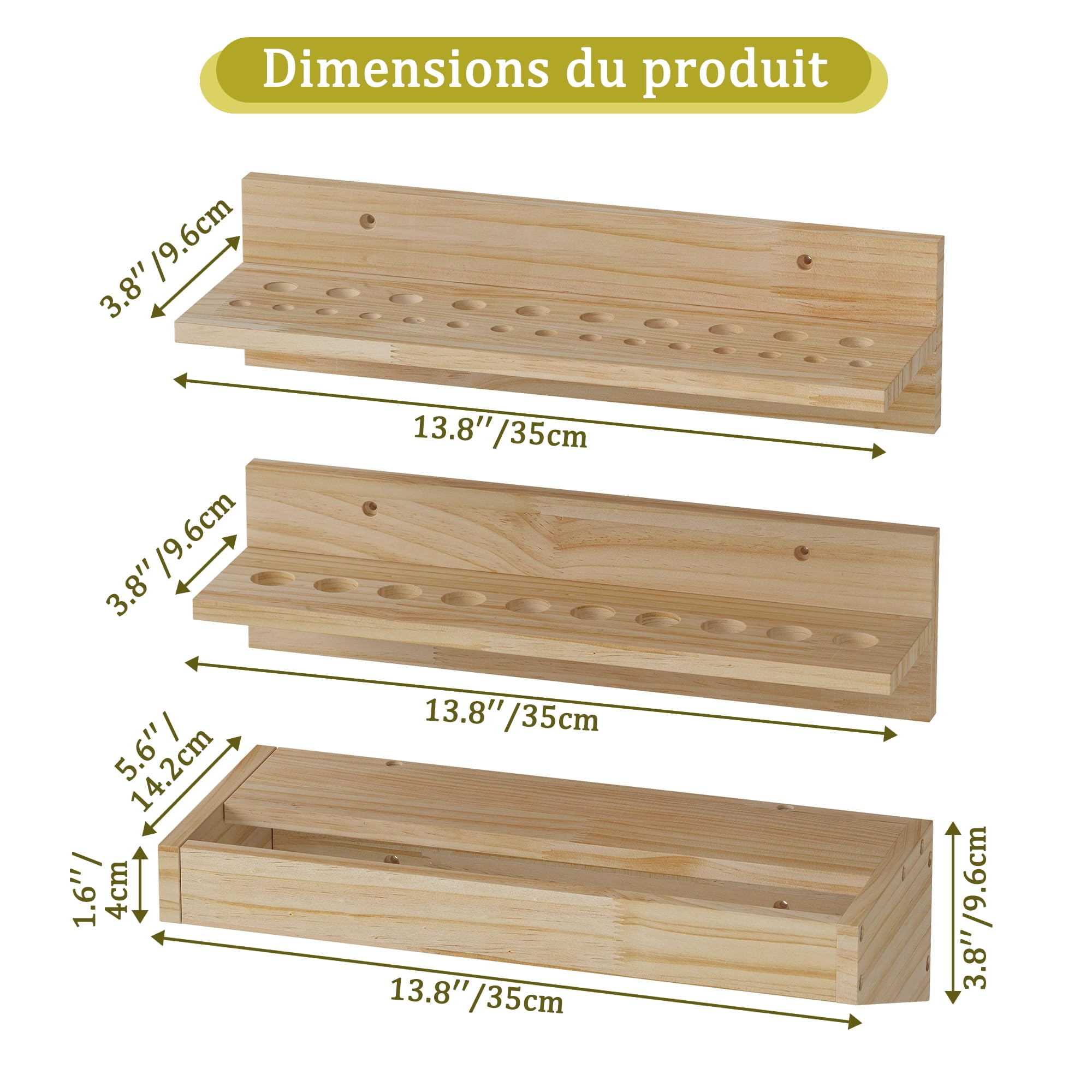 uyoyous - Estantería de pared para herramientas (3 unidades) | Soporte de pared para herramientas de madera maciza, almacenamiento óptimo para taller y garaje