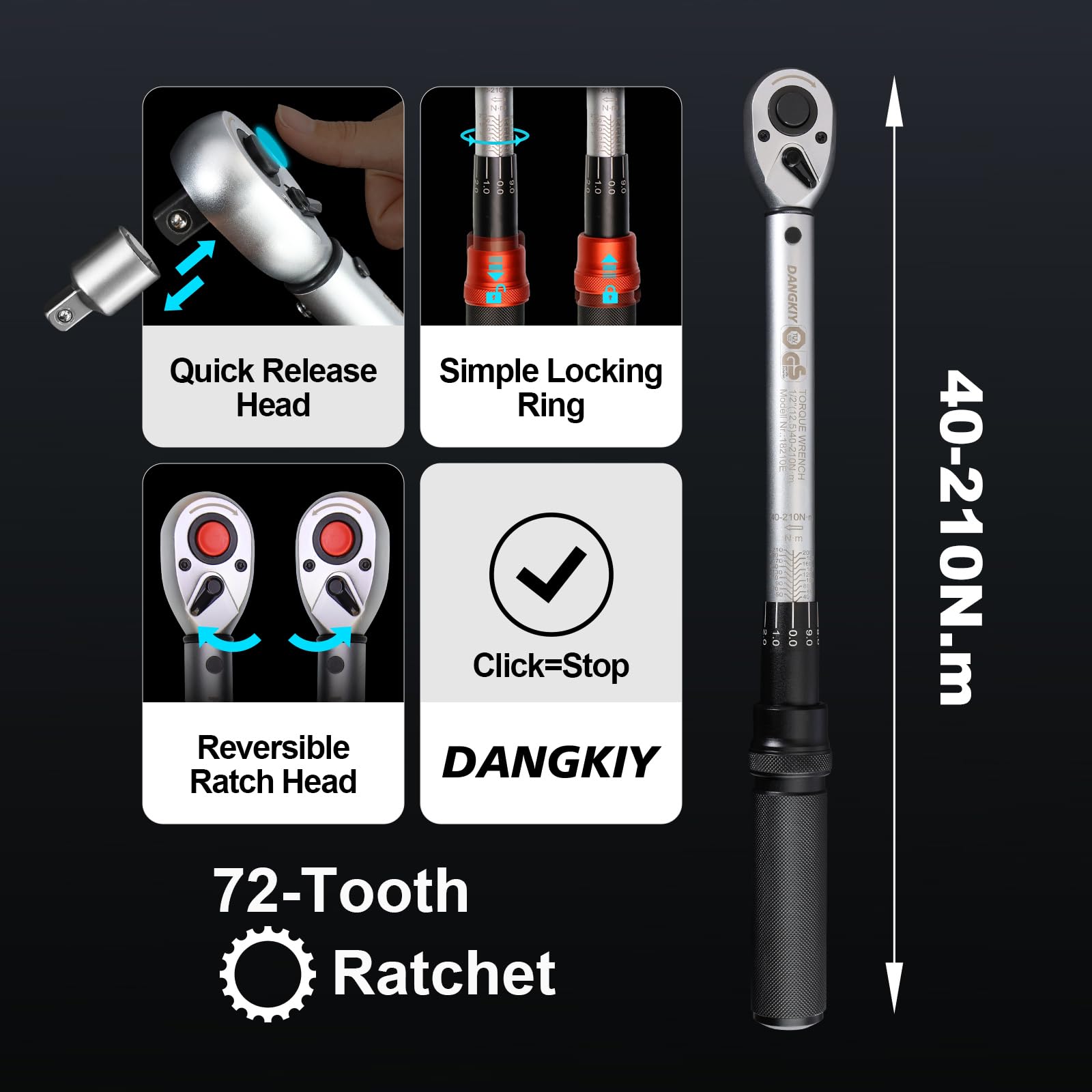 Drehmomentschlüssel Auto, 40–210 N.m Drehmomentschlüssel 1/2 Zoll, 6-tlg. Torque Wrench mit 125 mm Verlängerung, 1/2"-3/8" Adapter & 3 Stecknüssen – Für Reifenwechsel & Motorrad