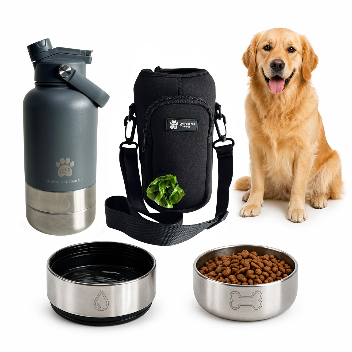 Borraccia per cani 3 in 1 con borsa per il trasporto, dispenser portatile per animali domestici, coperchio a doppio uso e 2 ciotole staccabili, design a prova di perdite, per passeggiate