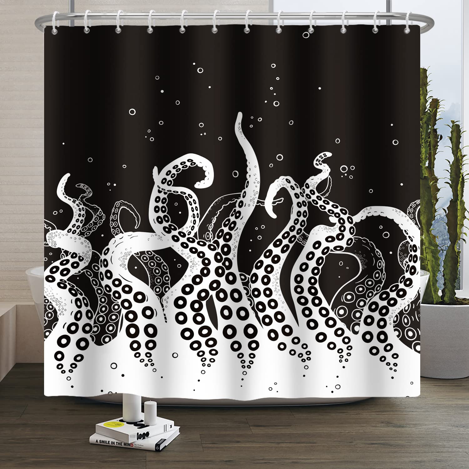 Sdotpmt Black-White 65X72 Inches Octopus Tentacles Shower Curtain Ocean Creature Crooked Tentacles Awesome Rising Gas Bubble Floating Bath Curtain Fabric Hotel Quality Bathroom Curtain With Hooks