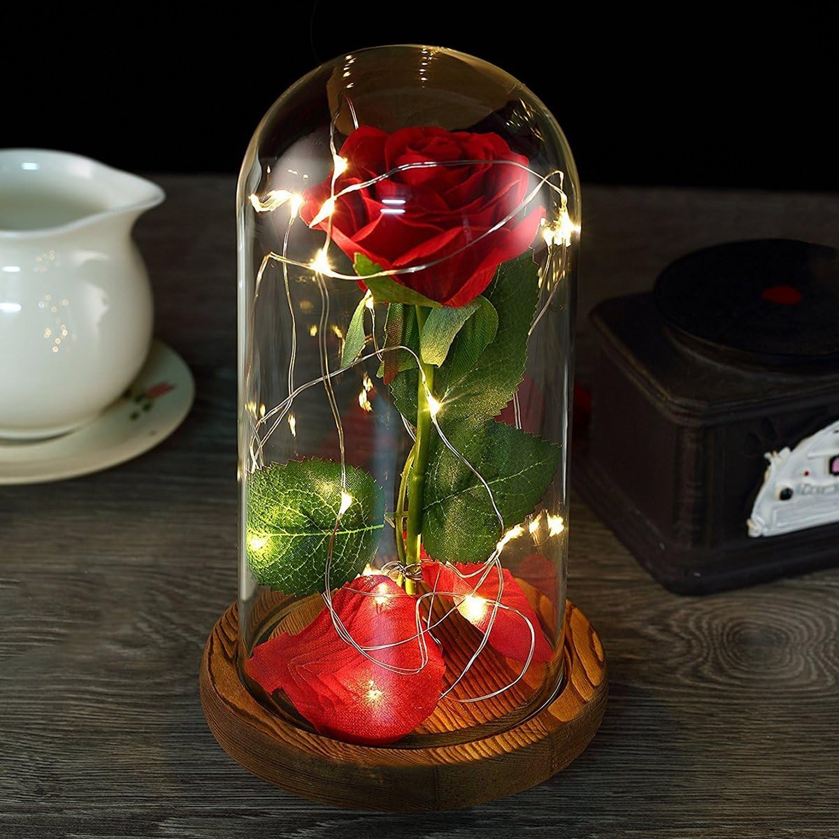 Nalosun Beauty and The Beast Rose Enchanted Red Silk Rose with Fallen Petals in Glass Dome on a Wooden Base Best Gift for Her,Mothers Day Valentine's Day Wedding Anniversary (A:Red Silk Rose)