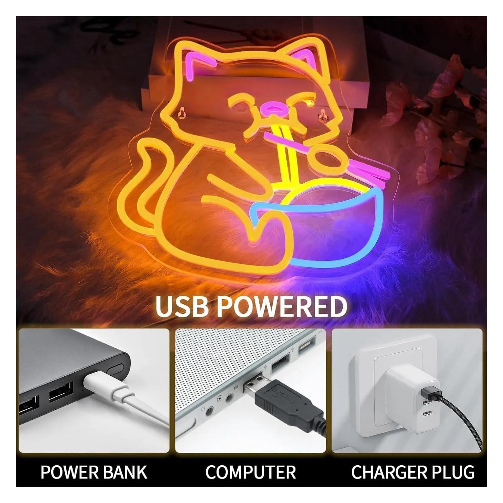 LED néon signe Ramen Panneau Néon En Forme De Chat Alimenté Par USB, Intensité Variable, Pour La Maison La Cuisine La Décoration De Restaurant Signes D'ambiance 32cm×33.5cm
