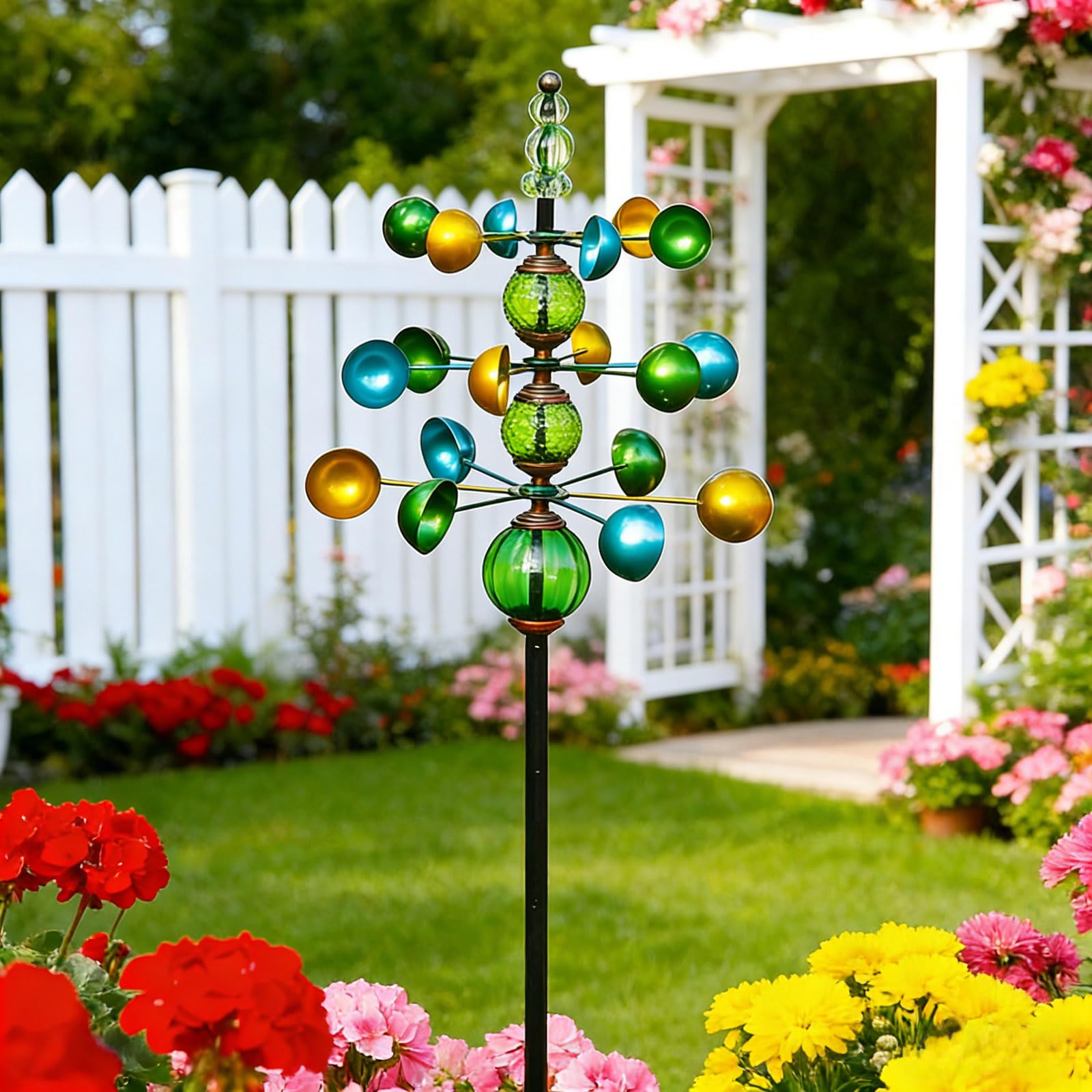 Windrad Garten Metall mit 2 gegenläufigen Rotoren, buntes Acryl-Windspiel 120 cm, kugelgelagert, Stabiler Gartenstecker mit Erdspieß, Terrasse und Balkon, dekorative Windskulptur