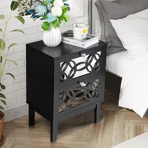 Miniatura 6 de Karl home Mesita de noche con espejo frontal, mesa auxiliar moderna con 2 cajones con espejo para dormitorio, sala de estar, oficina, color negro
