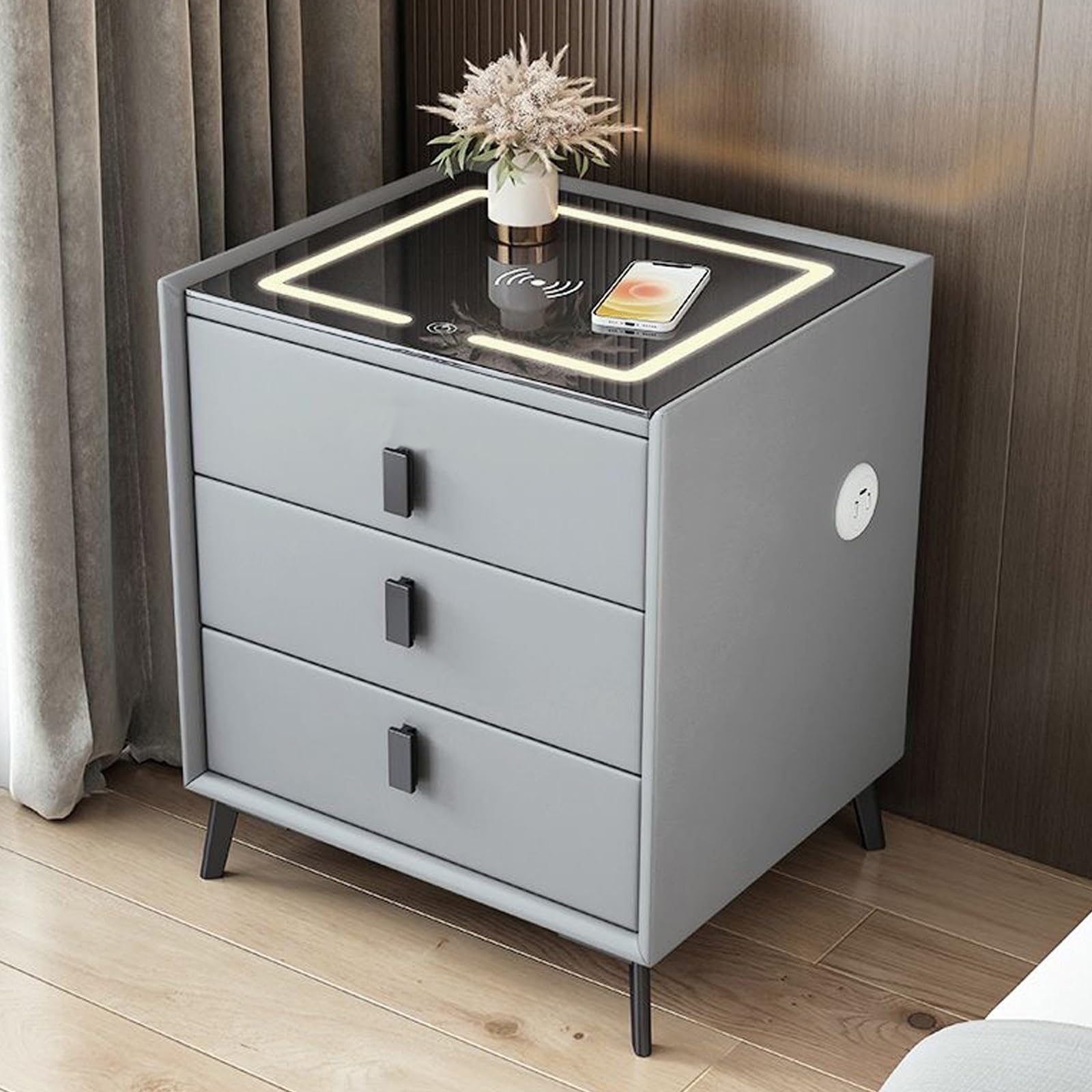 Comodino Moderno Con Ricarica USB E Wireless E Luci A LED 20 Colori – 3 Cassetti, Movimento Sensore, Grigio Opaco Con Maniglie Dorate