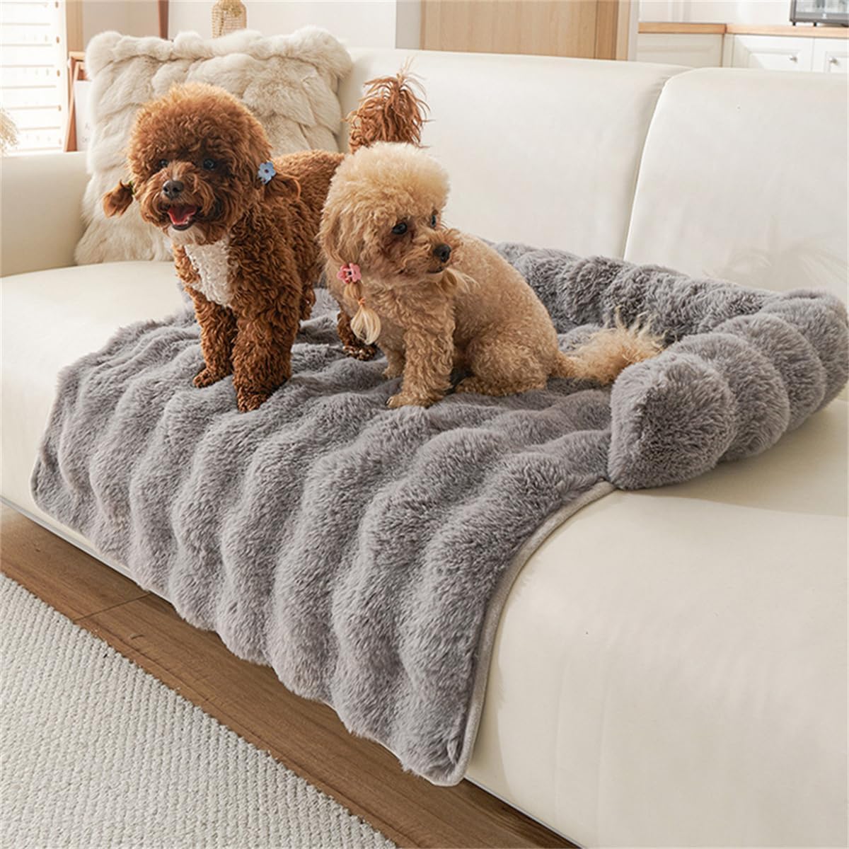 Pet Bed Couch Protector Plush Dog Mat Dog Sofa with Soft Neck Bolster, Cushion Protector Cat Bed (29.53-29.53in/75-75cm,Curry)