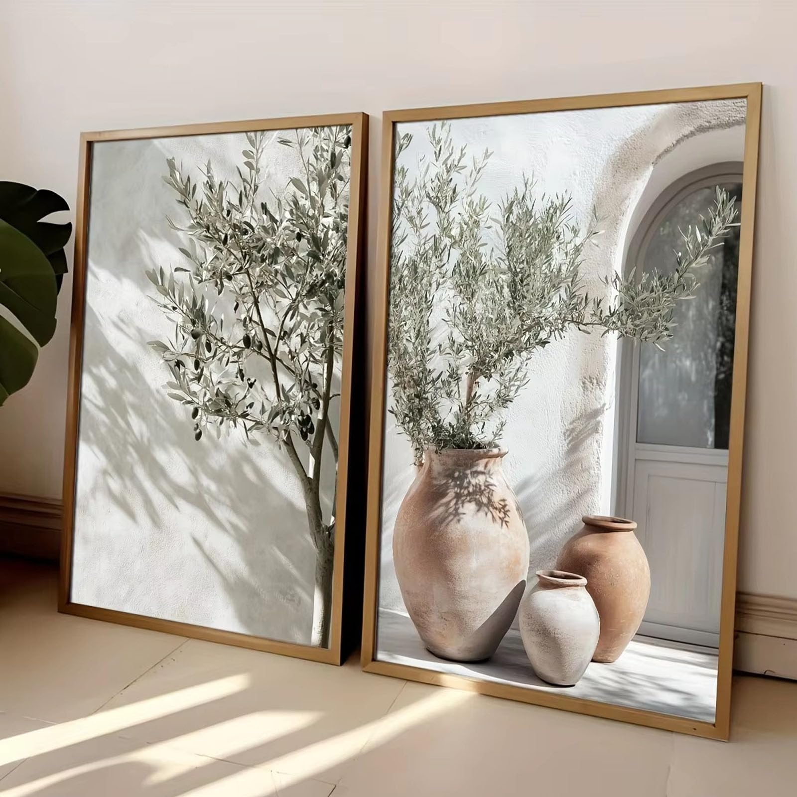 JORCEDI Set of 2 Posters, Neutral Olive Tree and Shadow Vase Canvas Print, Retro Botanical Landscape Art Print, Living Room Home Decor, Unframed (21x30cm)