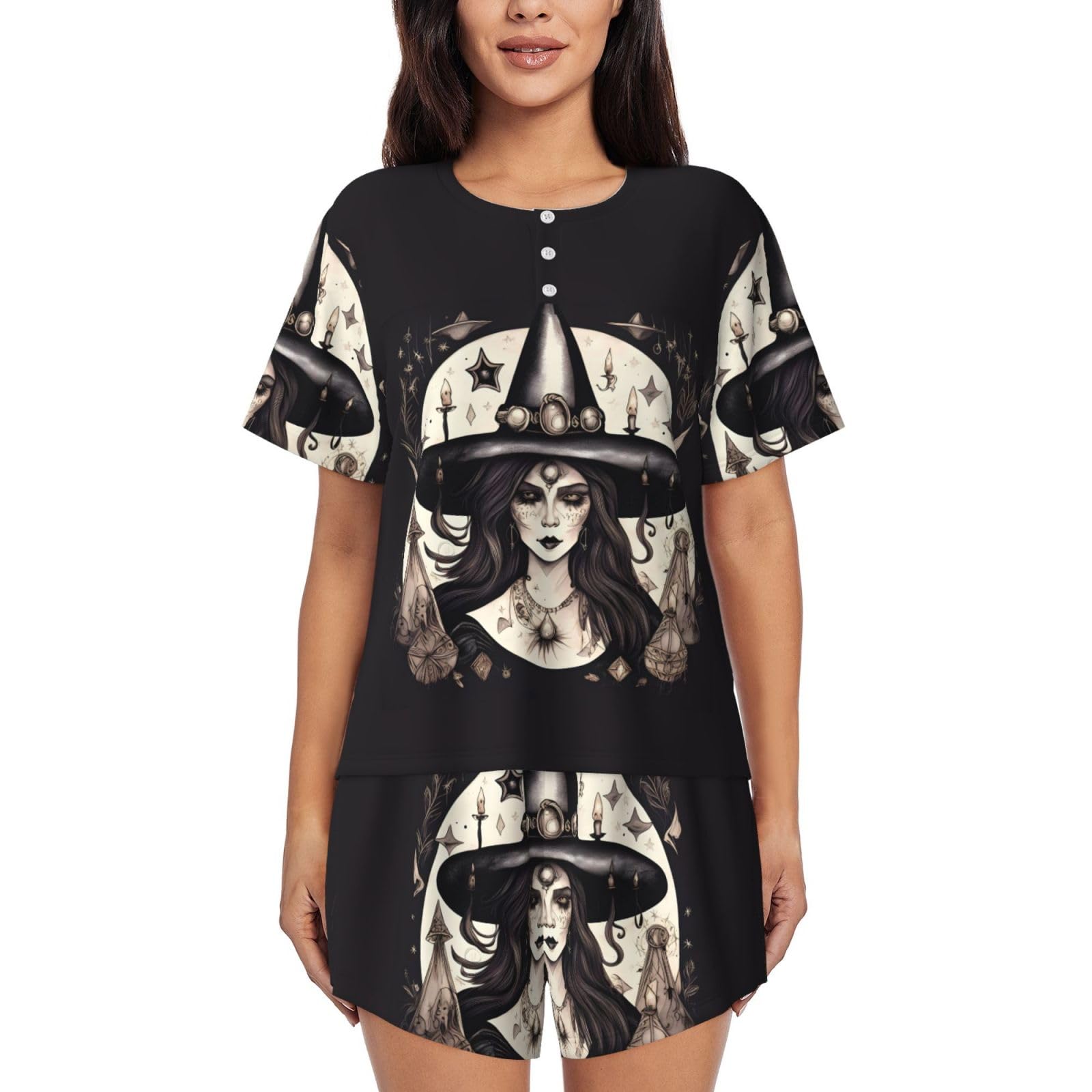 Jbyjbx Women's Black Magic Witch Witchcraft Bohemian Printed Pajama Set Short Sleeve Shirt Pjs Soft Silky Loungewear S-4Xl, Xxl