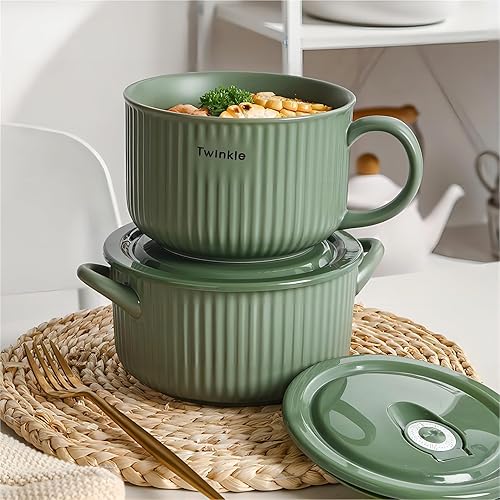 Miniatura 7 de 2 tazones de sopa de cerámica con asa y tapa ventilada, taza grande de sopa de 30 onzas para sopa de cereal de fideos instantáneos, recipientes de