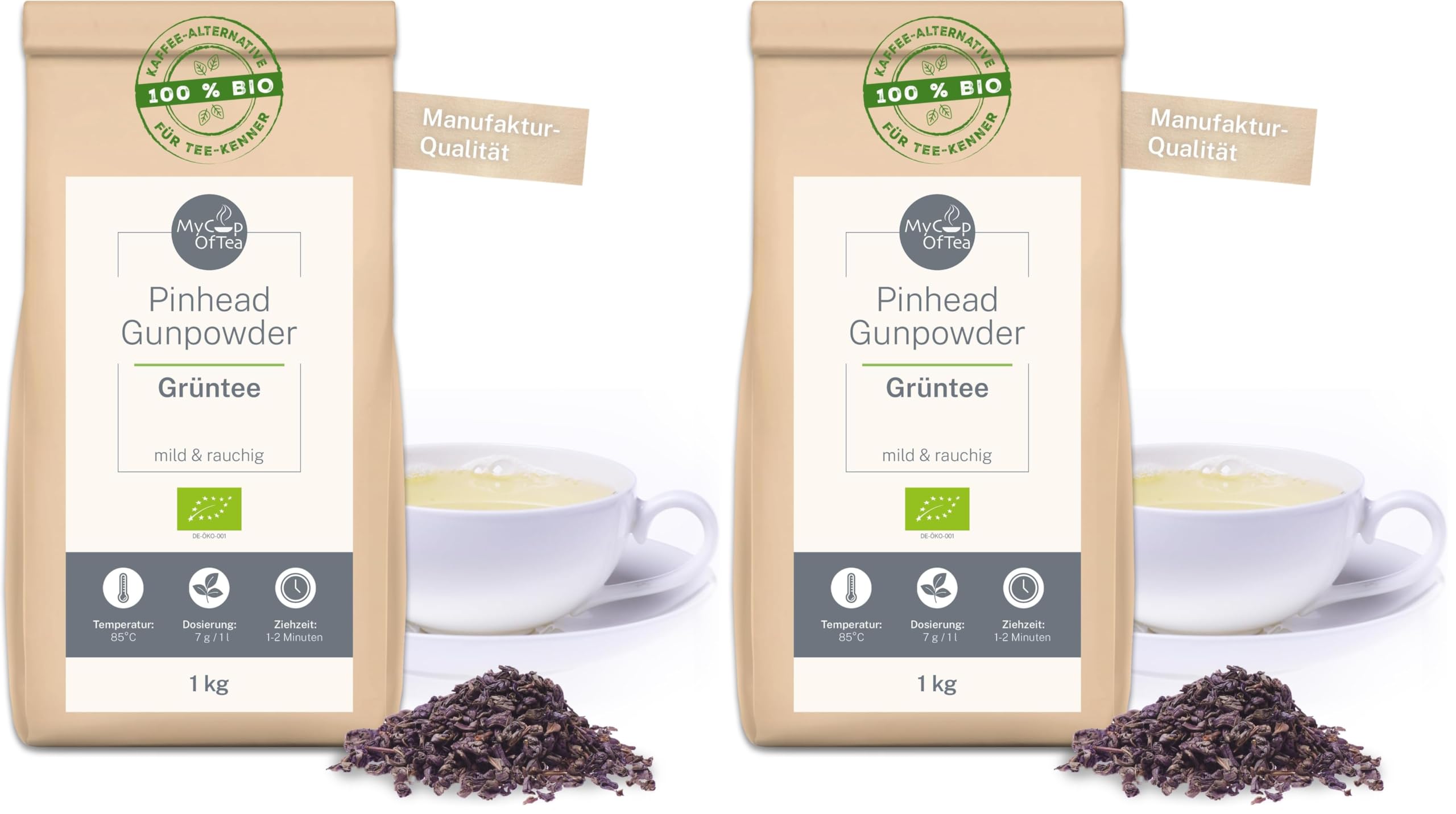 Pinhead Gunpowder grüner Bio-Tee lose 1kg – Hochwertiger Grüntee in Bio-Qualität aus China - Mild-Rauchig im Geschmack – Für Genießer und Tee-Kenner – MyCupOfTea (Packung mit 2)