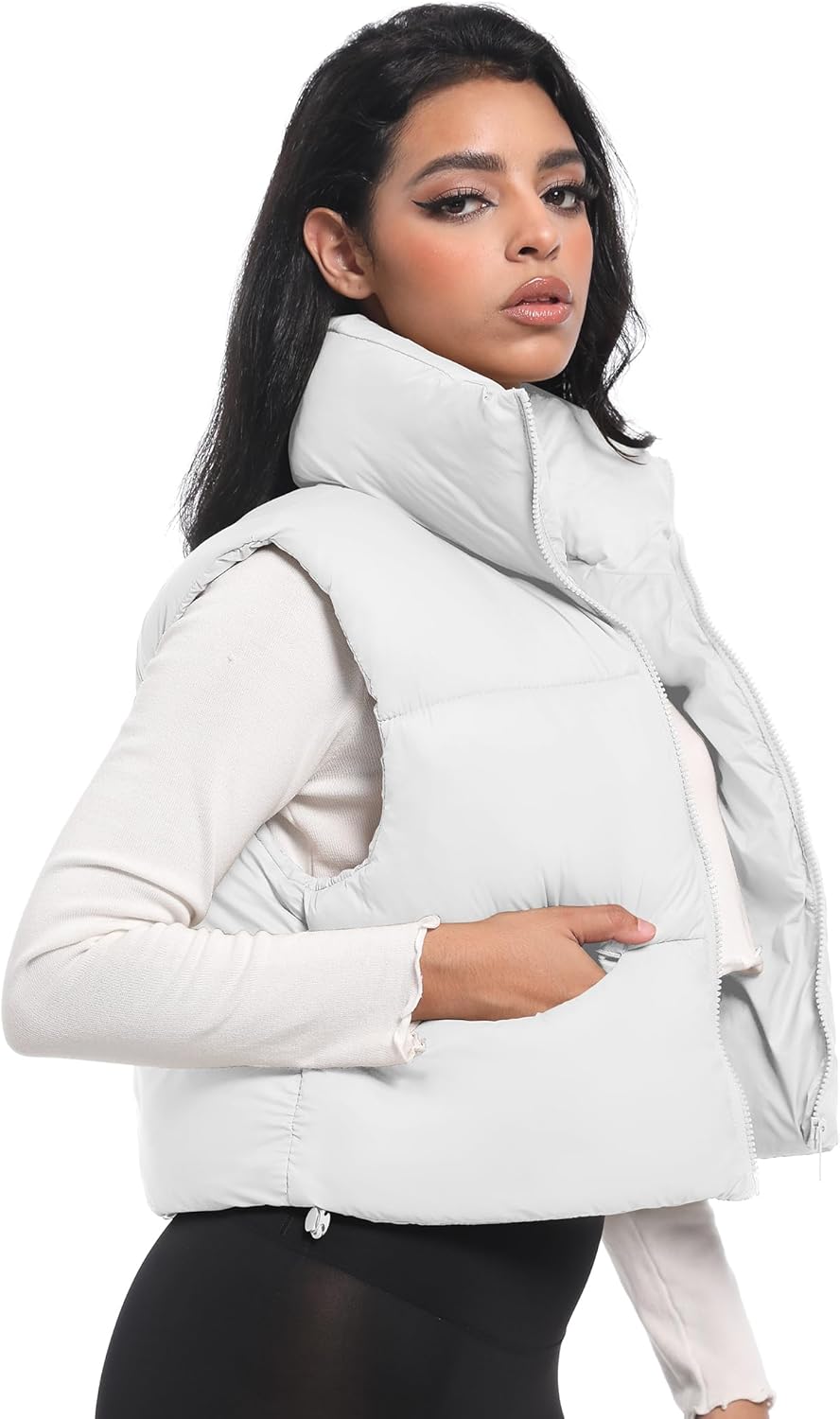 Buauty Cropped Puffer Vest Women Winter Puffy Vest with Pockets Lightweight Stand Collar Zip Up Sleeveless Jacket - Image 4