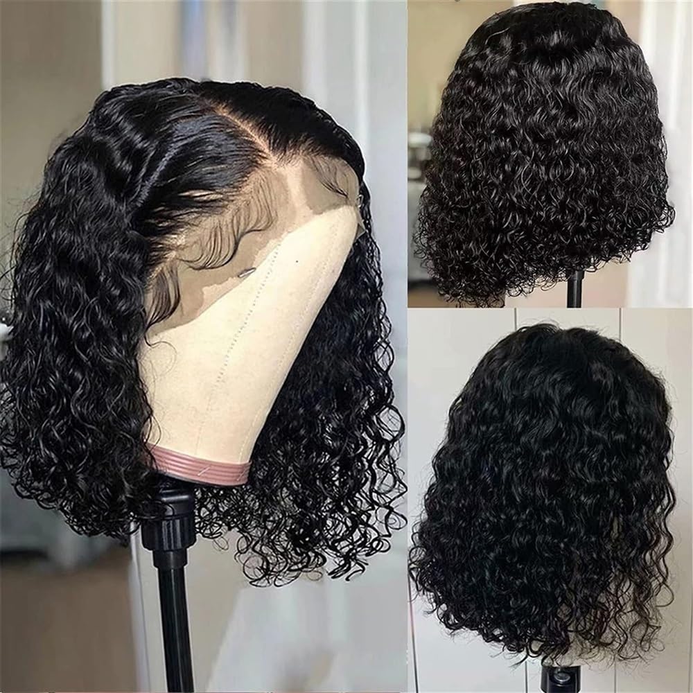 Parrucca for capelli umani corti ricci Bob Onda d'acqua 4x4 Parrucche trasparenti con chiusura in pizzo for donna(14inches)