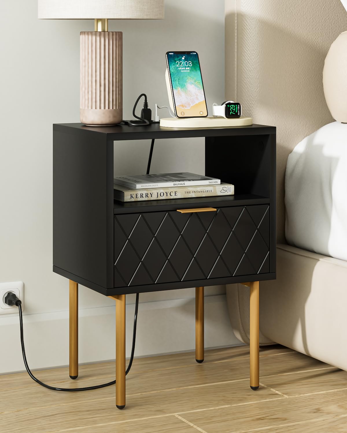 AEPOALUA Nightstand,Small Bedside Table with Gold Frame,Morden Night Stand with 2 Drawer,End Table,Side Table with Drawer and Shelf for Bedroom,Living Room (Black-Diamond-Outlet)