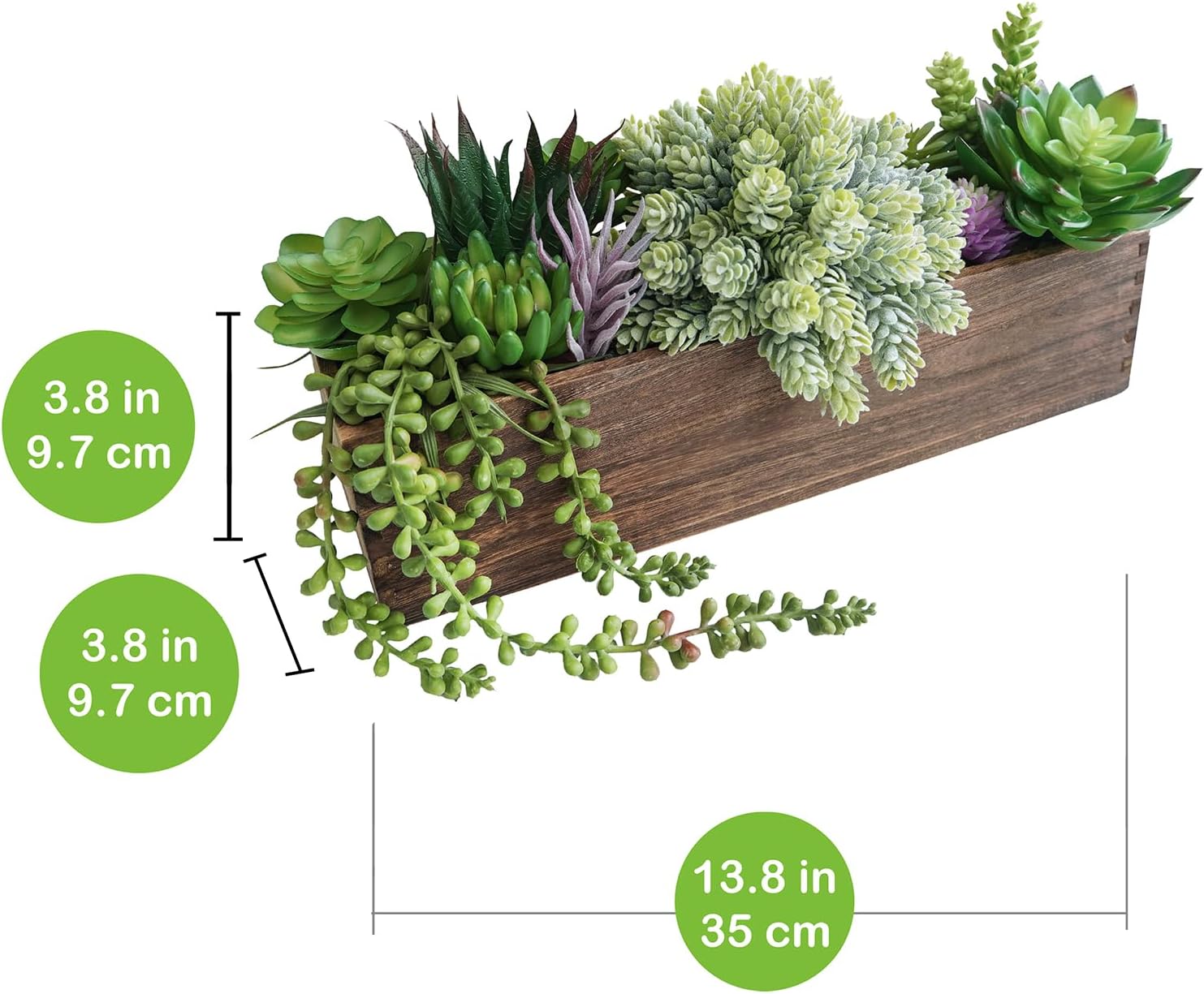 Winlyn 15" Assorted Artificial Succulent Arrangement Assorted Succulents in Rectangular Wooden Planter Faux Potted Plant for Farmhouse Table Centerpiece Windowsill Shelf Desk Mantel Greenery Décor - Image 2