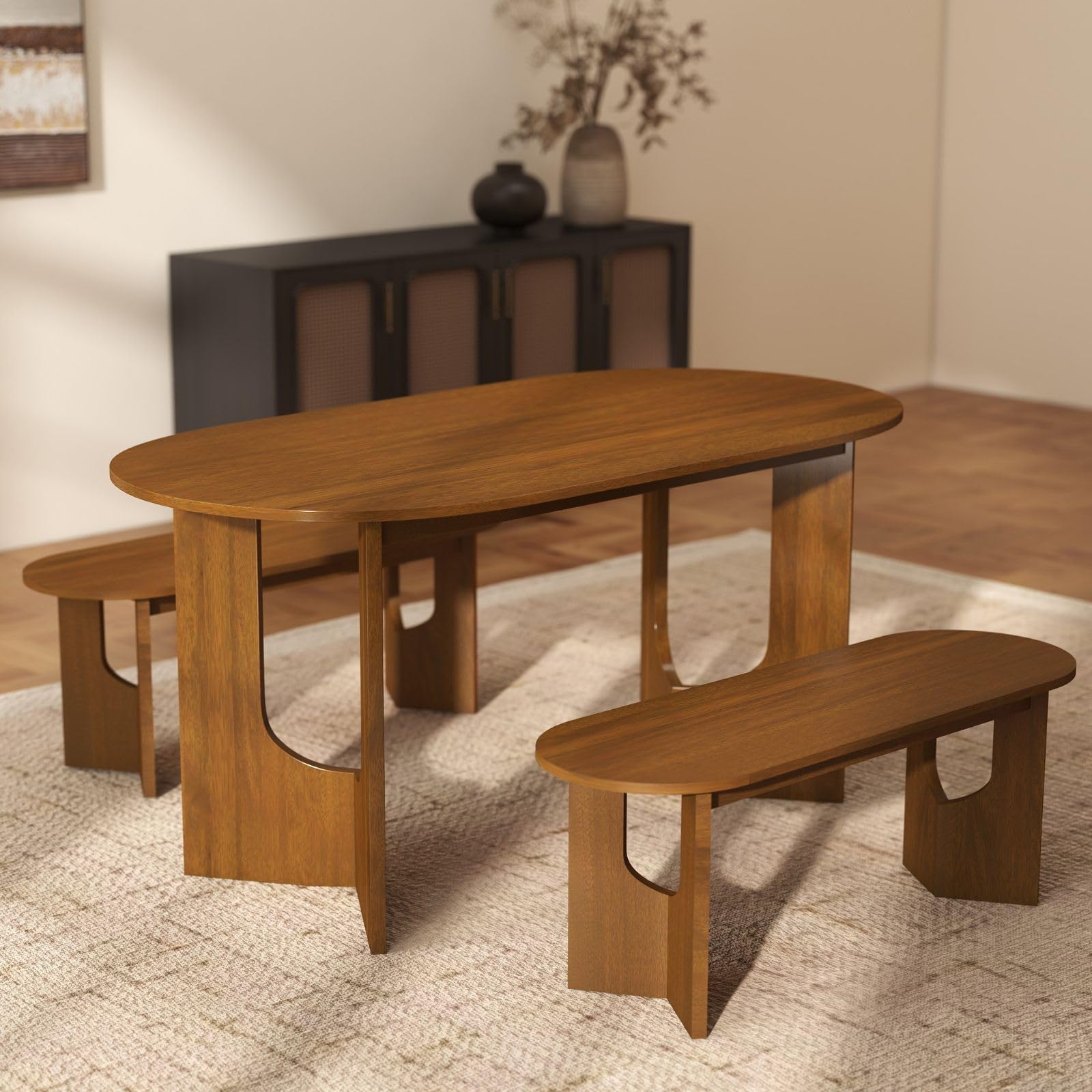 47.25" L Walnut Wood Oval Bench, Solid Wood Dining Bench with Wooden Legs for Dining Room, Restaurant, 1 Piece
