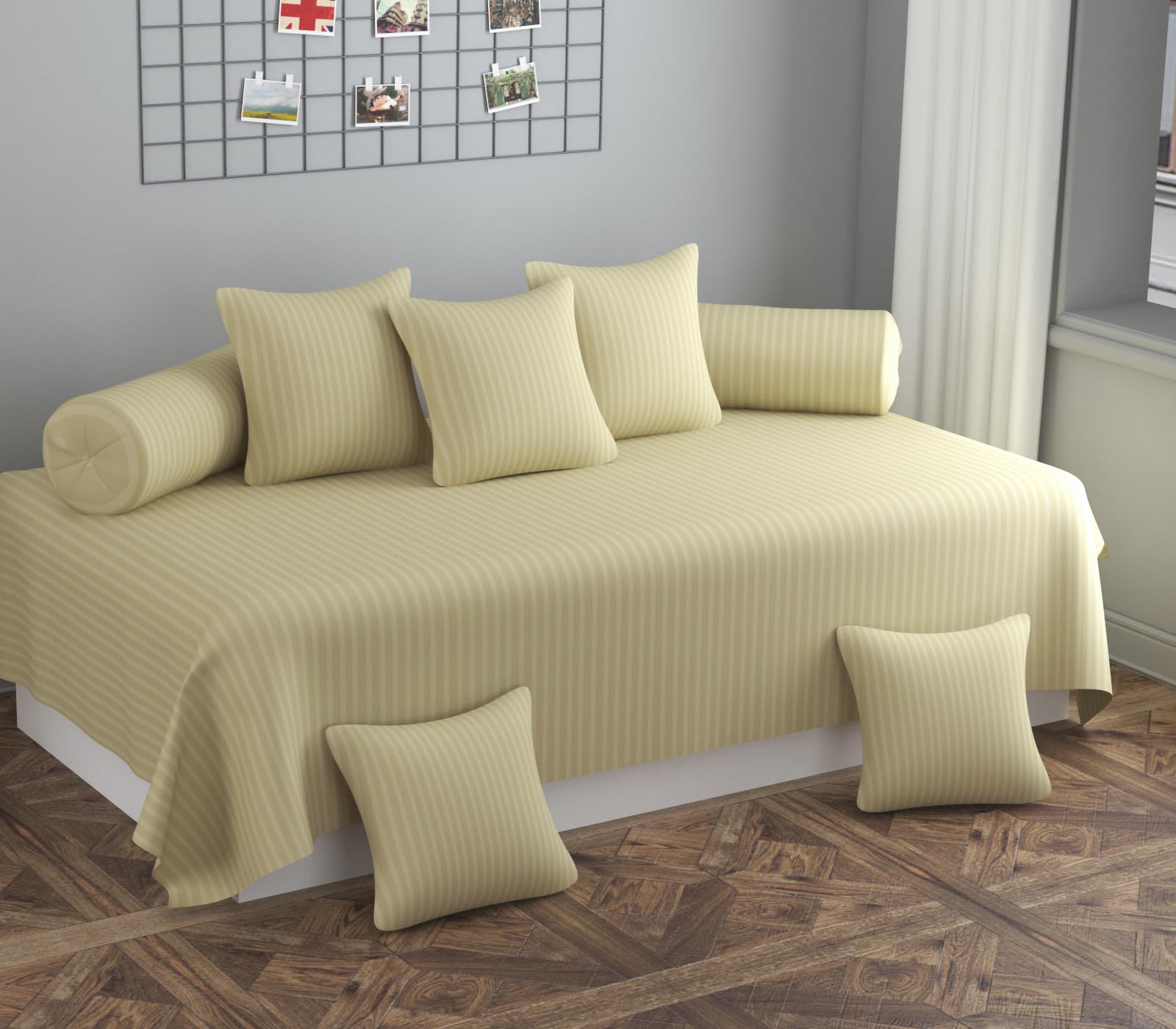 Cotton Stripped Diwan Set 8 Pieces for Living Room Hall (1 Bed Sheet 60x90 Inch, 2 Bolster Cover 16x32 Inch, 5 Cushion Covers 16x16 Inch)-image-21