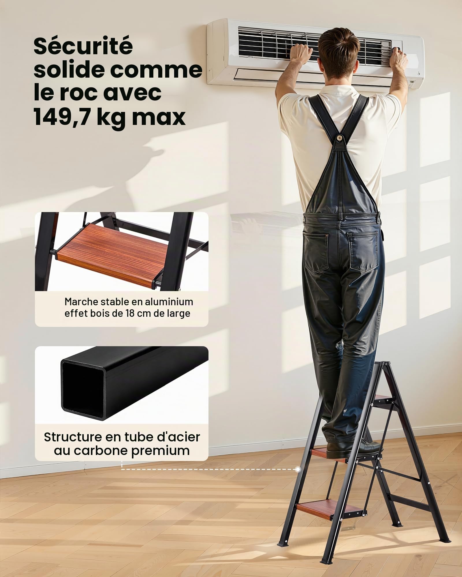 VEVOR Escabeau Pliant 3 Marches Marchepied Pliable Charge 150 kg Échelle Domestique Portable Compacte pour Cuisine, Bureau, Travaux Ménagers, Bricolage, Réparations, avec Larges Marches Antidérapantes