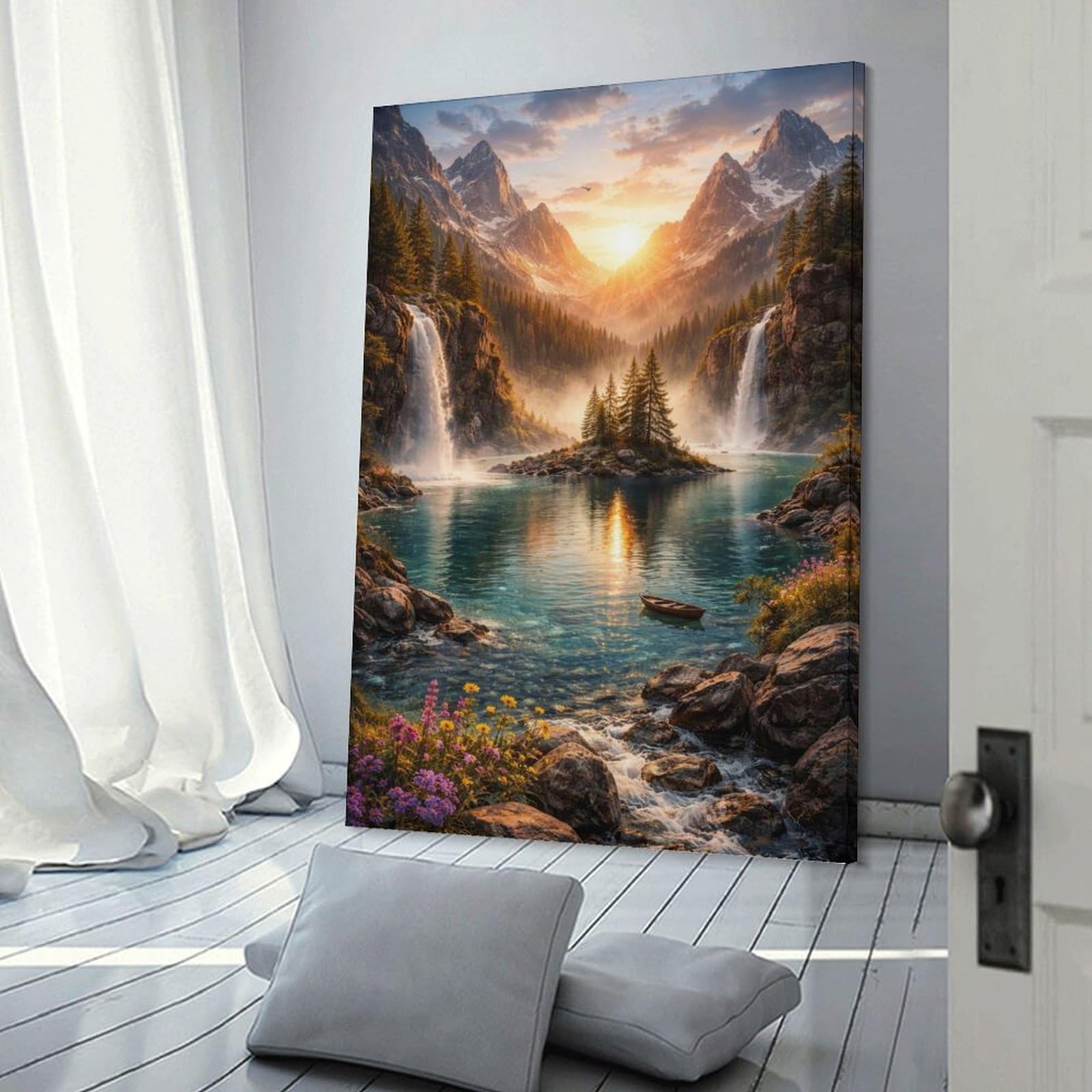 Junmoney Frame-Style-7 Canvas Wall Art Majestic Mountain Waterfall Landscape, 24X36inch(60X90cm), For Lounge, Study, Hallway Or Flat Walls, Canvas Wall Art That Fits Changing Layouts