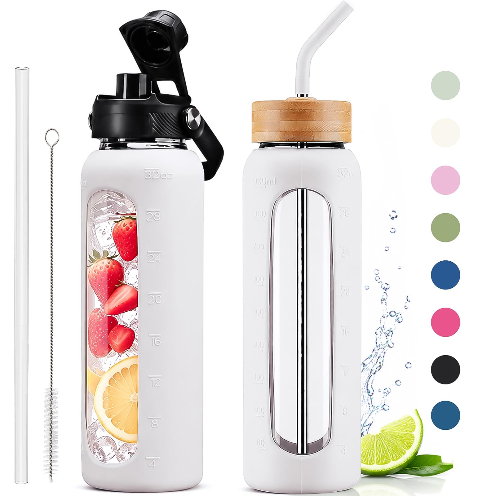 32 oz Glass Water Bottle with Straw and 2 Lids, White
