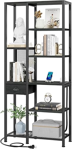 Miniatura 9 de Furologee - Estantería de 6 niveles con puertos USB y tomacorrientes, estantería con estación de carga, estante con cajón, estanterías de Marrón